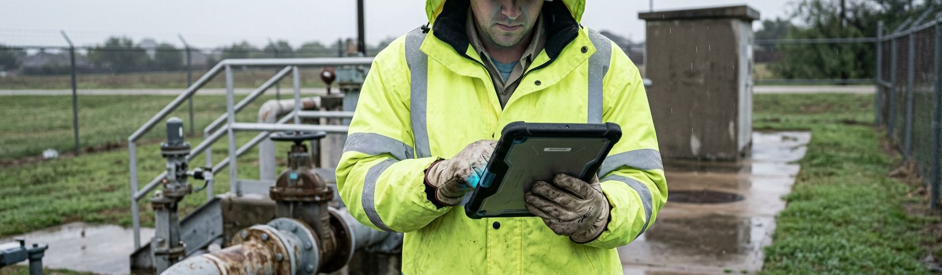 A water utility technician in a high-visibility jacket and work gloves, reading a ruggedized tablet at a pump station in the rain.
