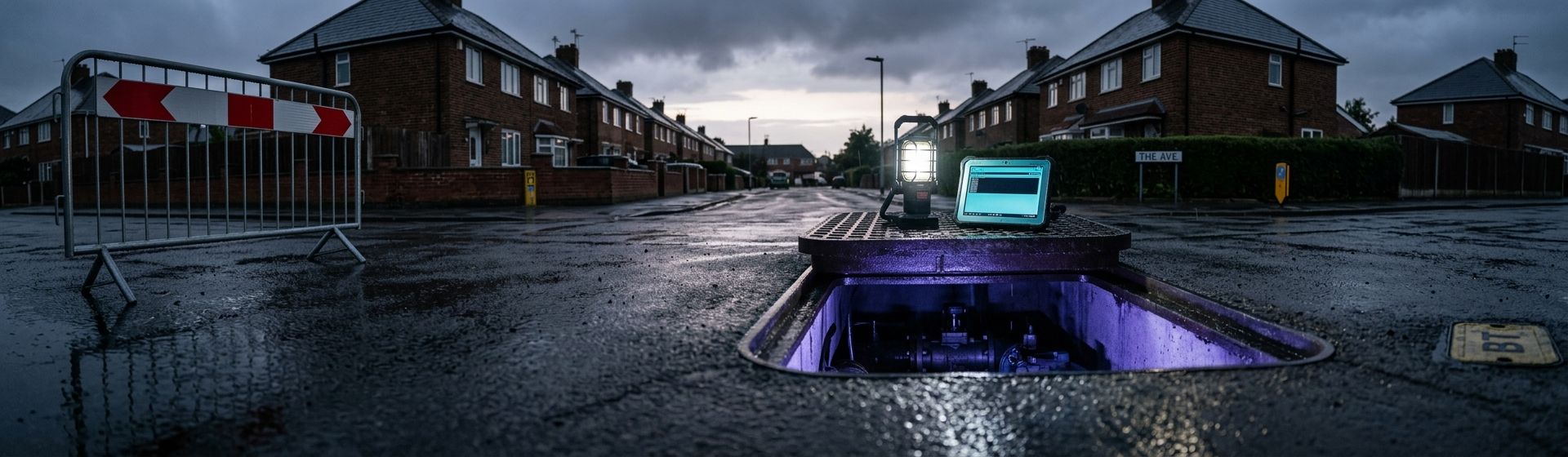 A water network access chamber standing open in a suburban street before dawn, lit from within by a work lamp and a tablet screen resting on its cover.